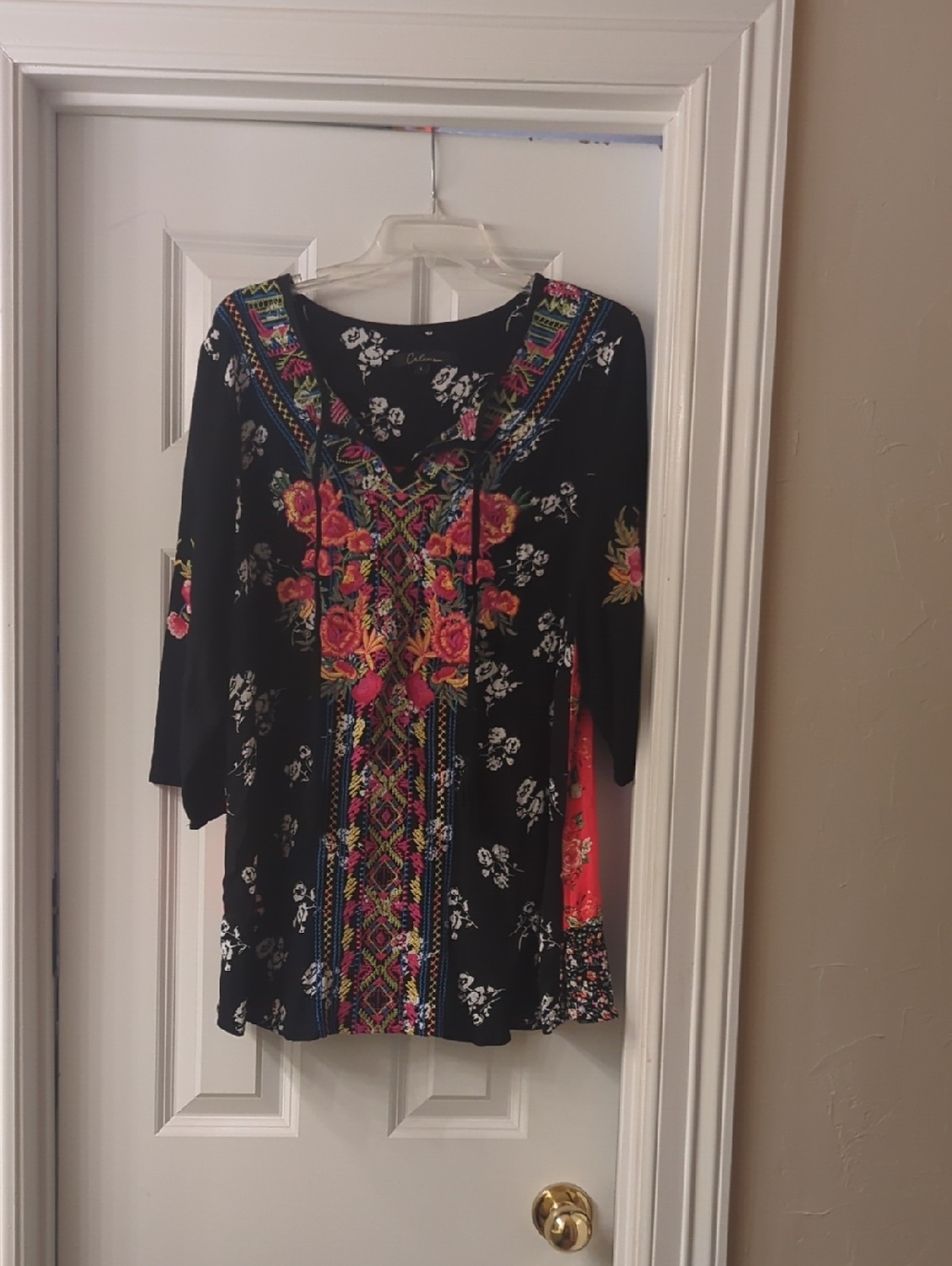 Black Floral Embroidered V-Neck Women's Top